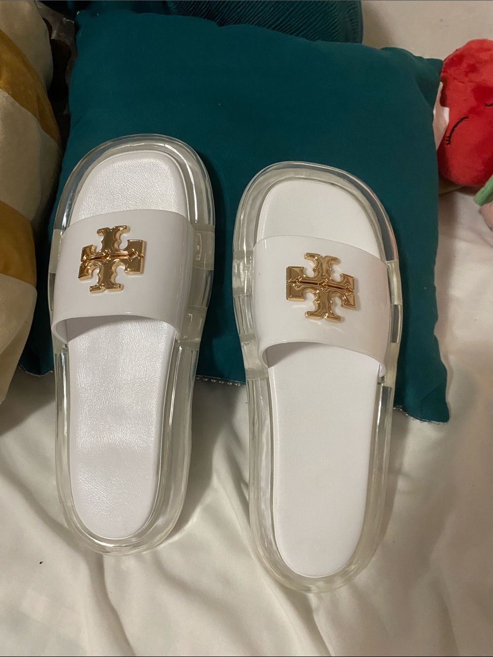Tory Burch White Slides with Gold Logo Accent